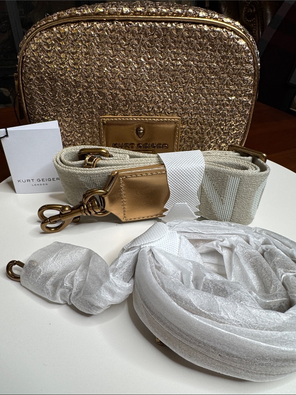 NWT Kurt Geiger Antiqued Gold Faux Camera Bag Guitar Strap + Chain Strap!! - Picture 6 of 6